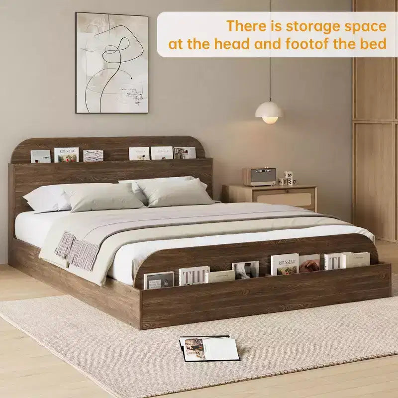 Cadre de lit en bois avec tête de lit de rangement - lit plateforme bas pour enfant avec pied de lit surélevé, lattes en bois robustes (sans sommier nécessaire)