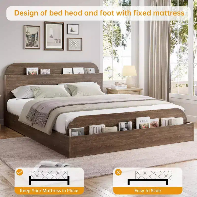 Cadre de lit en bois avec tête de lit de rangement - lit plateforme bas pour enfant avec pied de lit surélevé, lattes en bois robustes (sans sommier nécessaire)
