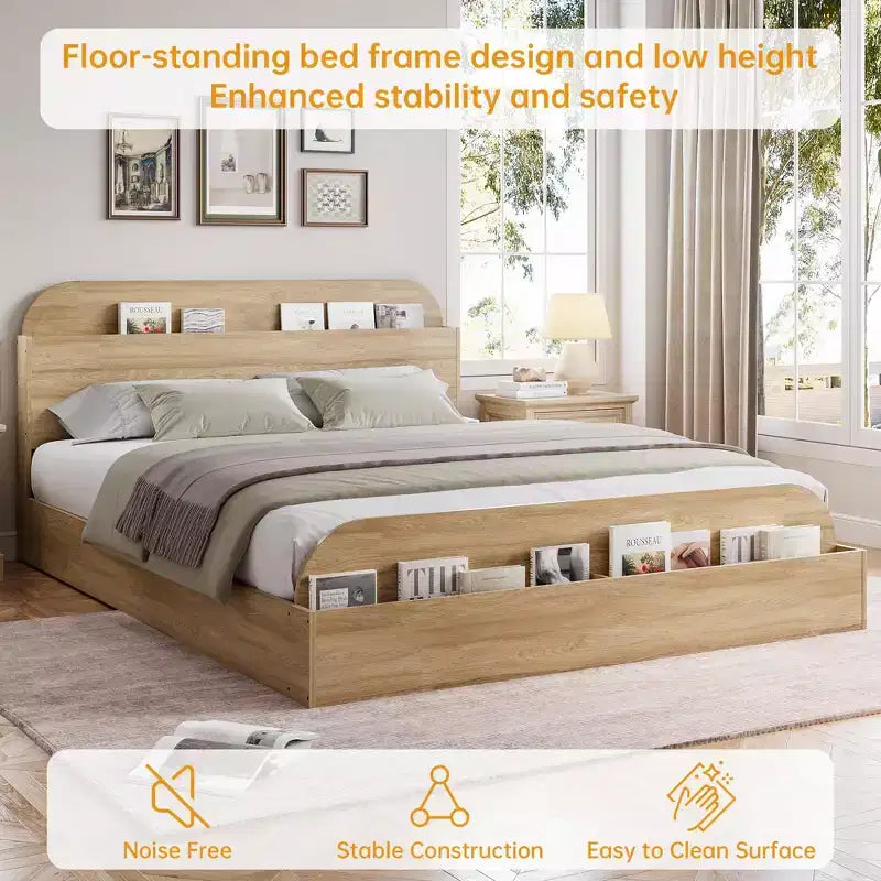 Cadre de lit en bois avec tête de lit de rangement - lit plateforme bas pour enfant avec pied de lit surélevé, lattes en bois robustes (sans sommier nécessaire)