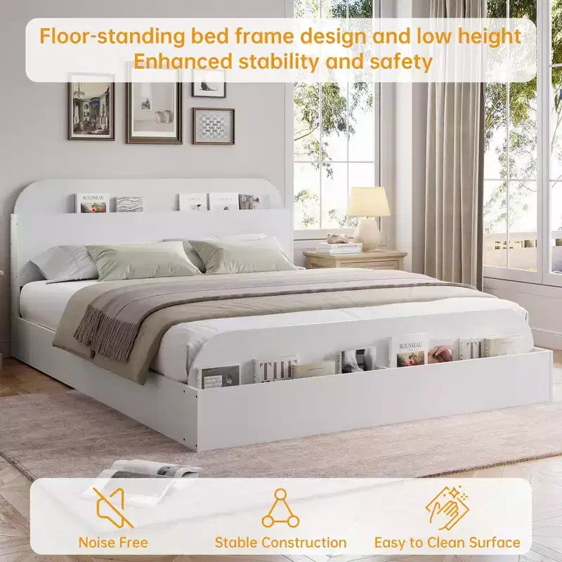 Cadre de lit en bois avec tête de lit de rangement - lit plateforme bas pour enfant avec pied de lit surélevé, lattes en bois robustes (sans sommier nécessaire)