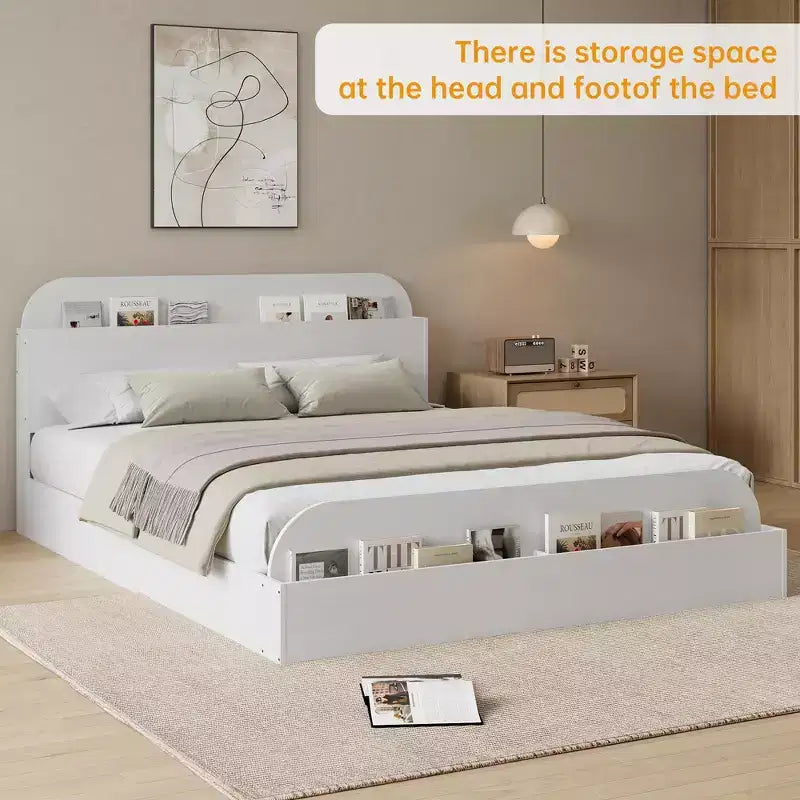 Cadre de lit en bois avec tête de lit de rangement - lit plateforme bas pour enfant avec pied de lit surélevé, lattes en bois robustes (sans sommier nécessaire)