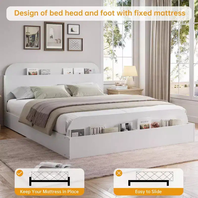 Cadre de lit en bois avec tête de lit de rangement - lit plateforme bas pour enfant avec pied de lit surélevé, lattes en bois robustes (sans sommier nécessaire)