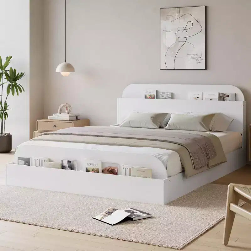 Cadre de lit en bois avec tête de lit de rangement - lit plateforme bas pour enfant avec pied de lit surélevé, lattes en bois robustes (sans sommier nécessaire)