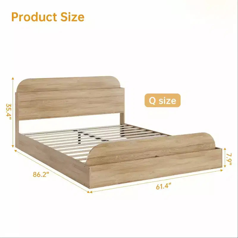 Cadre de lit en bois avec tête de lit de rangement - lit plateforme bas pour enfant avec pied de lit surélevé, lattes en bois robustes (sans sommier nécessaire)