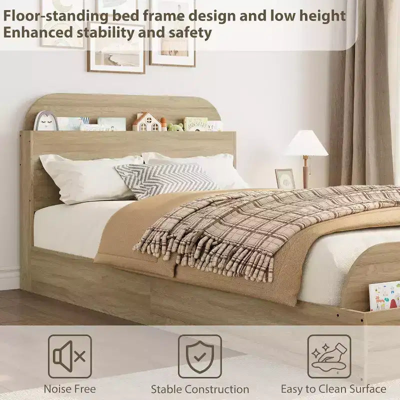 Cadre de lit en bois avec tête de lit de rangement - lit plateforme bas pour enfant avec pied de lit surélevé, lattes en bois robustes (sans sommier nécessaire)