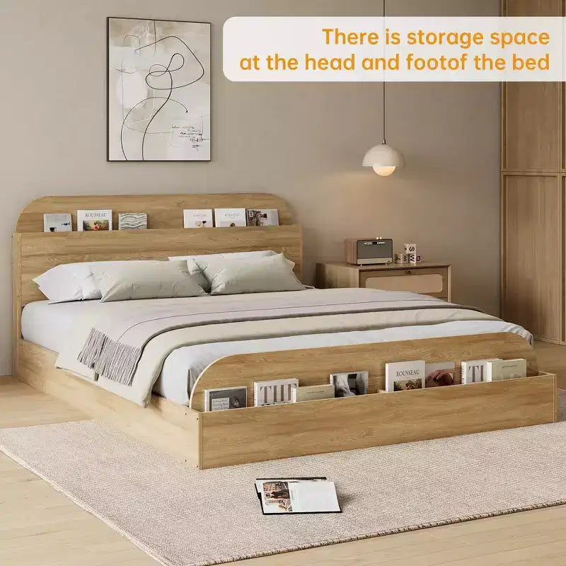 Cadre de lit en bois avec tête de lit de rangement - lit plateforme bas pour enfant avec pied de lit surélevé, lattes en bois robustes (sans sommier nécessaire)