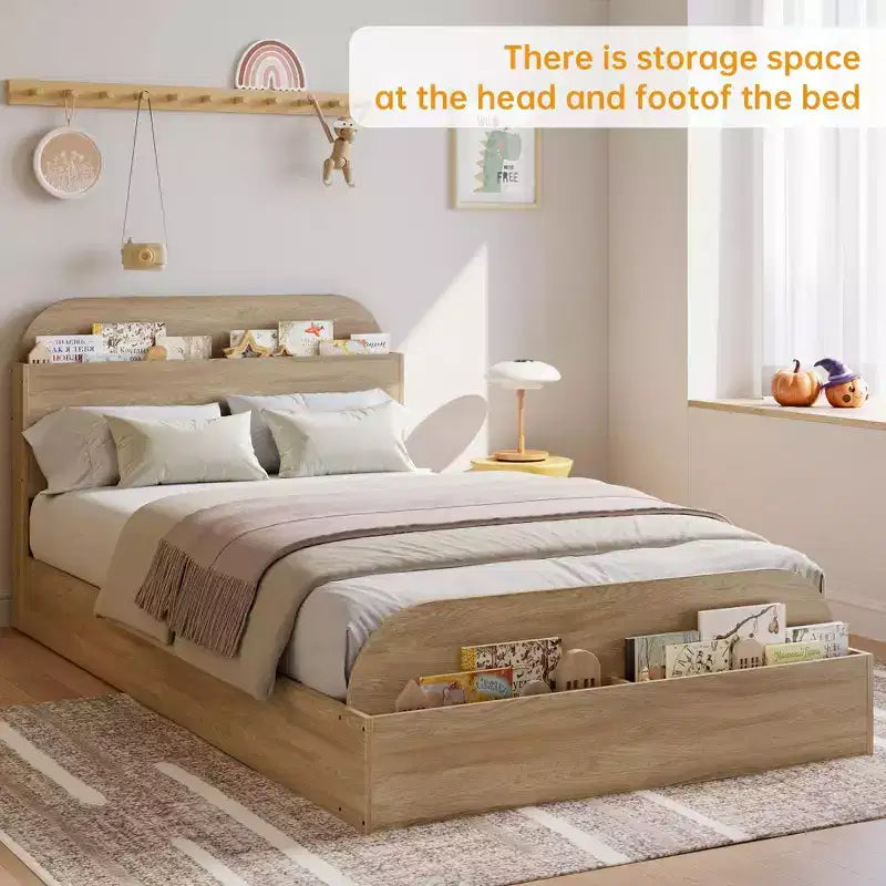 Cadre de lit en bois avec tête de lit de rangement - lit plateforme bas pour enfant avec pied de lit surélevé, lattes en bois robustes (sans sommier nécessaire)