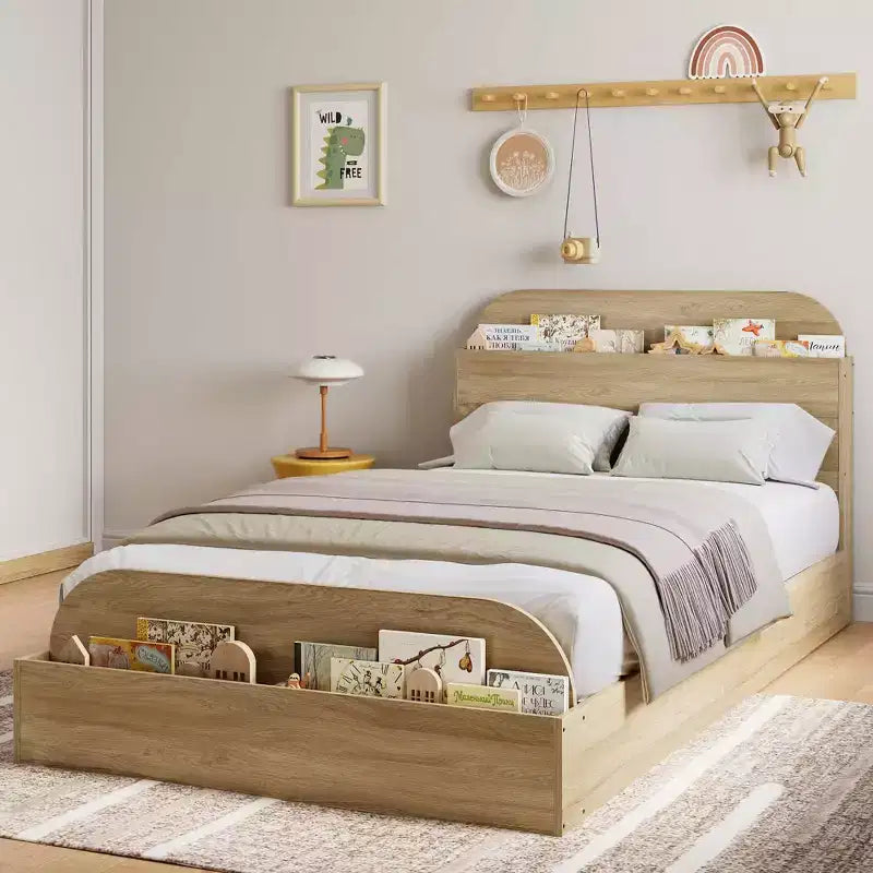 Cadre de lit en bois avec tête de lit de rangement - lit plateforme bas pour enfant avec pied de lit surélevé, lattes en bois robustes (sans sommier nécessaire)