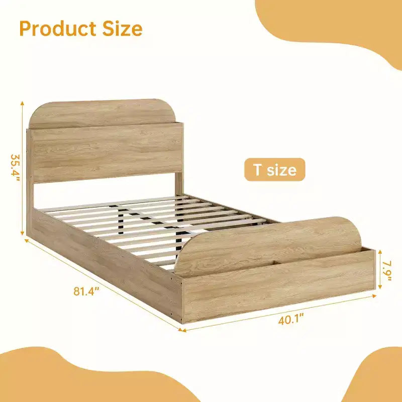 Cadre de lit en bois avec tête de lit de rangement - lit plateforme bas pour enfant avec pied de lit surélevé, lattes en bois robustes (sans sommier nécessaire)