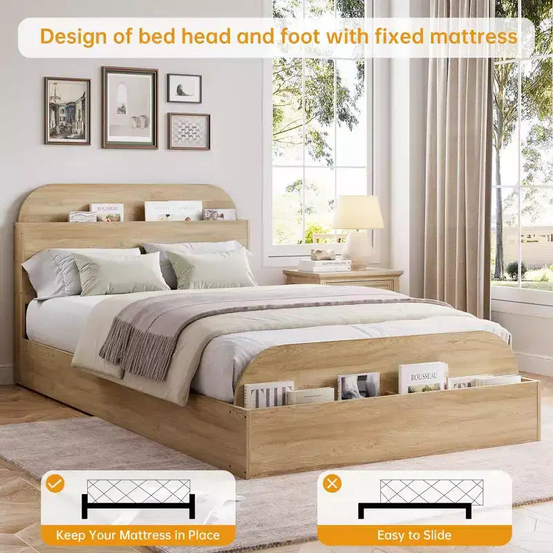 Cadre de lit en bois avec tête de lit de rangement - lit plateforme bas pour enfant avec pied de lit surélevé, lattes en bois robustes (sans sommier nécessaire)