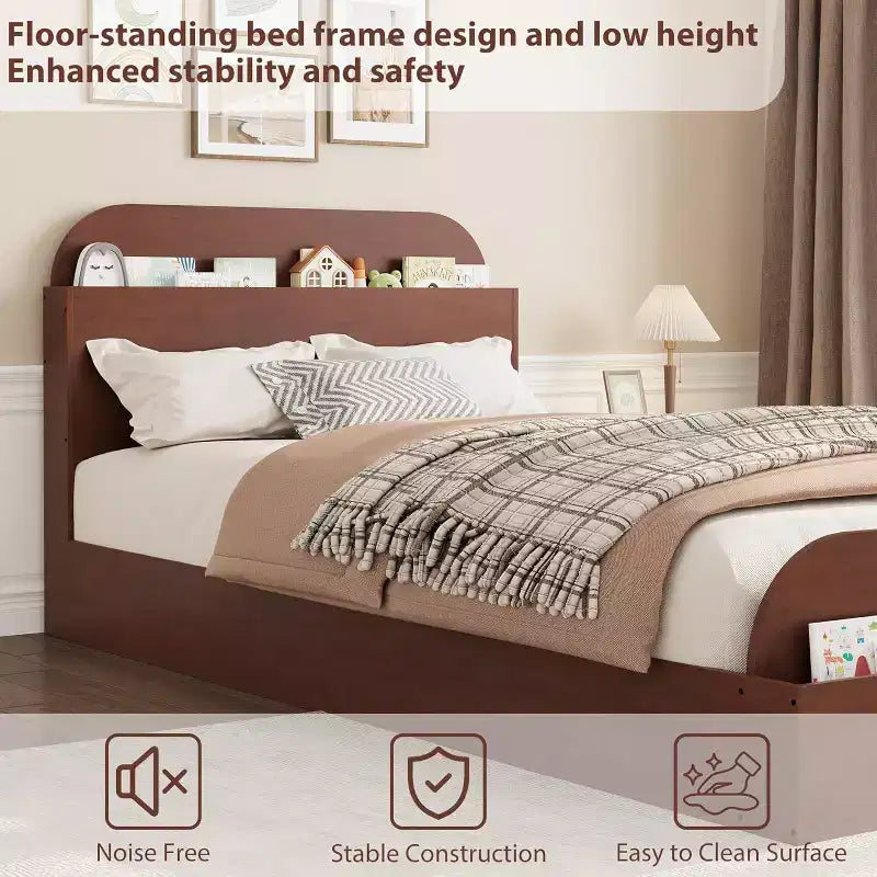 Cadre de lit en bois avec tête de lit de rangement - lit plateforme bas pour enfant avec pied de lit surélevé, lattes en bois robustes (sans sommier nécessaire)