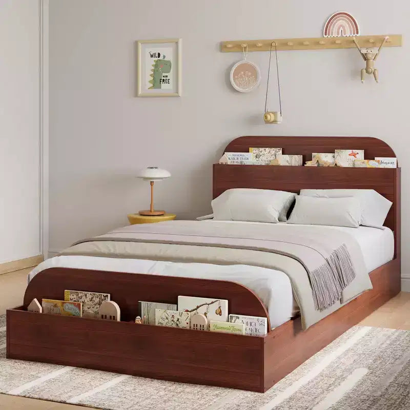 Cadre de lit en bois avec tête de lit de rangement - lit plateforme bas pour enfant avec pied de lit surélevé, lattes en bois robustes (sans sommier nécessaire)