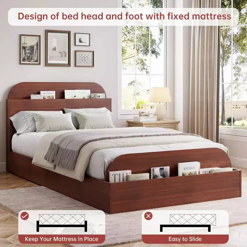 Cadre de lit en bois avec tête de lit de rangement - lit plateforme bas pour enfant avec pied de lit surélevé, lattes en bois robustes (sans sommier nécessaire)