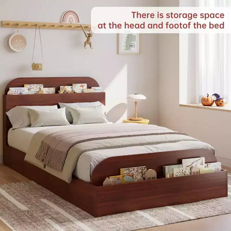 Cadre de lit en bois avec tête de lit de rangement - lit plateforme bas pour enfant avec pied de lit surélevé, lattes en bois robustes (sans sommier nécessaire)