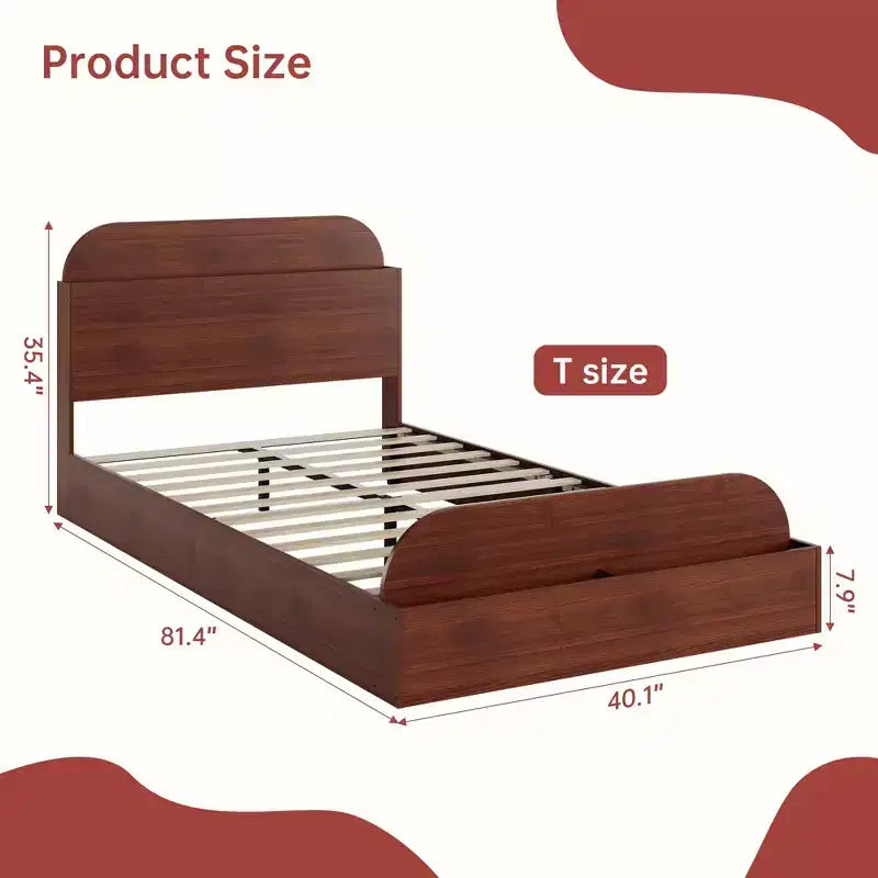 Cadre de lit en bois avec tête de lit de rangement - lit plateforme bas pour enfant avec pied de lit surélevé, lattes en bois robustes (sans sommier nécessaire)