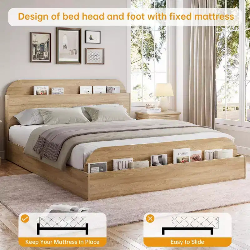 Cadre de lit en bois avec tête de lit de rangement - lit plateforme bas pour enfant avec pied de lit surélevé, lattes en bois robustes (sans sommier nécessaire)