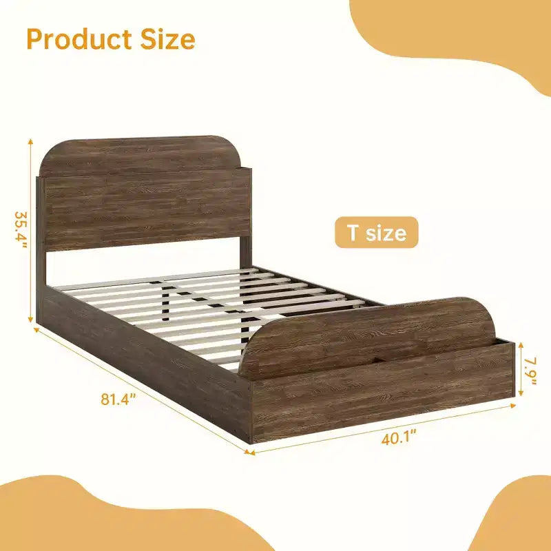 Cadre de lit en bois avec tête de lit de rangement - lit plateforme bas pour enfant avec pied de lit surélevé, lattes en bois robustes (sans sommier nécessaire)