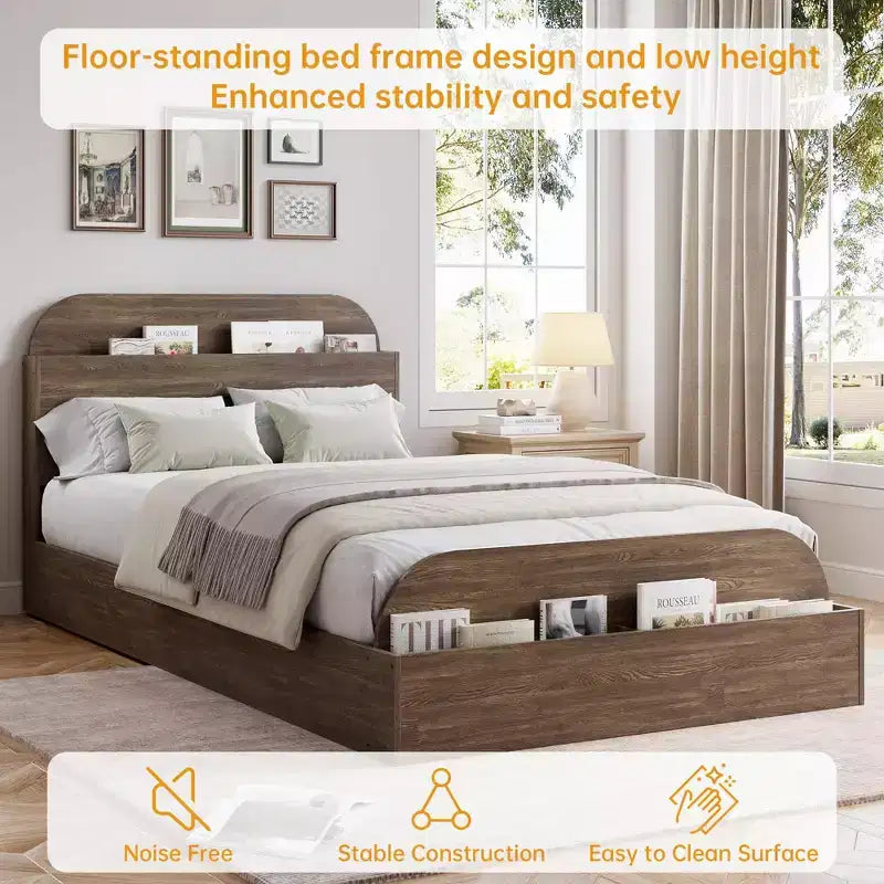 Cadre de lit en bois avec tête de lit de rangement - lit plateforme bas pour enfant avec pied de lit surélevé, lattes en bois robustes (sans sommier nécessaire)