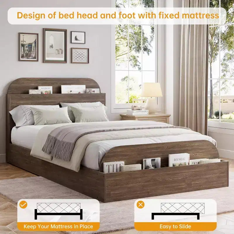 Cadre de lit en bois avec tête de lit de rangement - lit plateforme bas pour enfant avec pied de lit surélevé, lattes en bois robustes (sans sommier nécessaire)