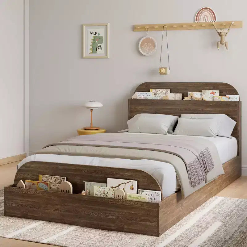 Cadre de lit en bois avec tête de lit de rangement - lit plateforme bas pour enfant avec pied de lit surélevé, lattes en bois robustes (sans sommier nécessaire)