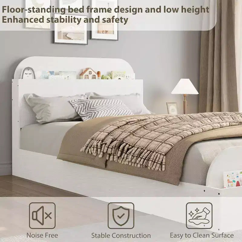 Cadre de lit en bois avec tête de lit de rangement - lit plateforme bas pour enfant avec pied de lit surélevé, lattes en bois robustes (sans sommier nécessaire)