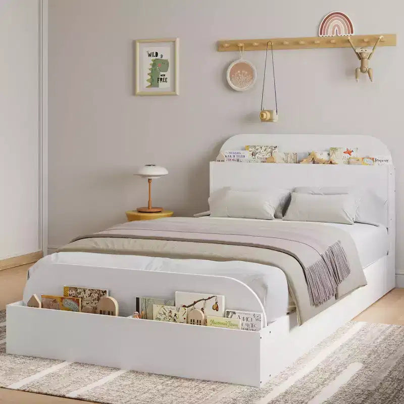 Cadre de lit en bois avec tête de lit de rangement - lit plateforme bas pour enfant avec pied de lit surélevé, lattes en bois robustes (sans sommier nécessaire)