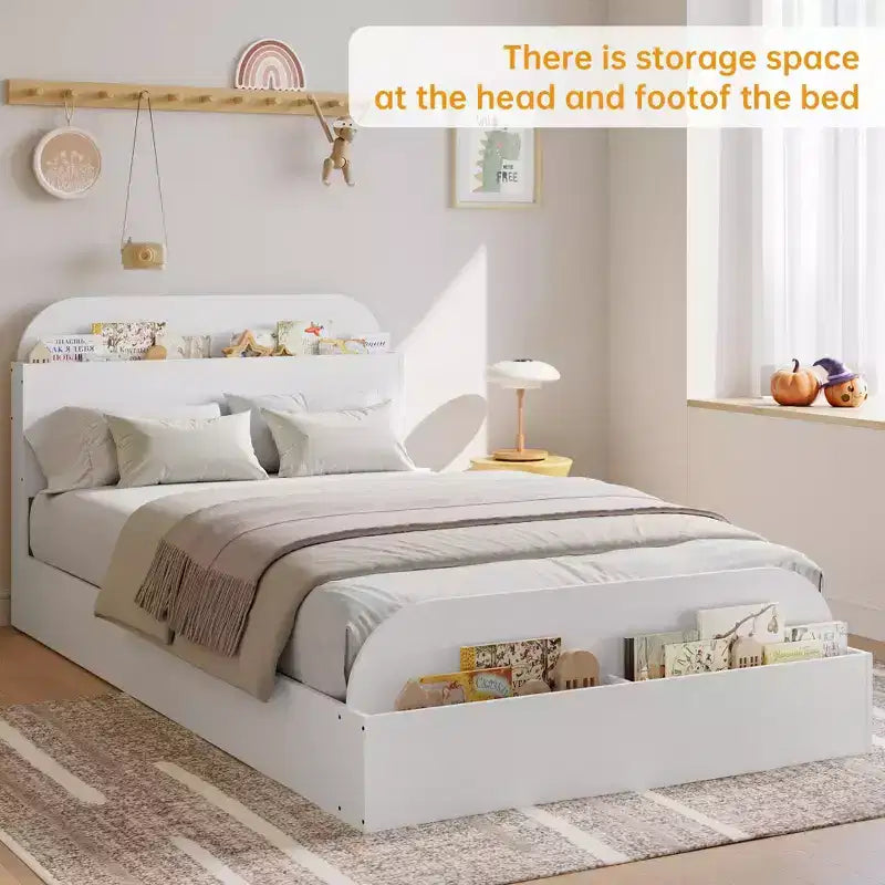 Cadre de lit en bois avec tête de lit de rangement - lit plateforme bas pour enfant avec pied de lit surélevé, lattes en bois robustes (sans sommier nécessaire)