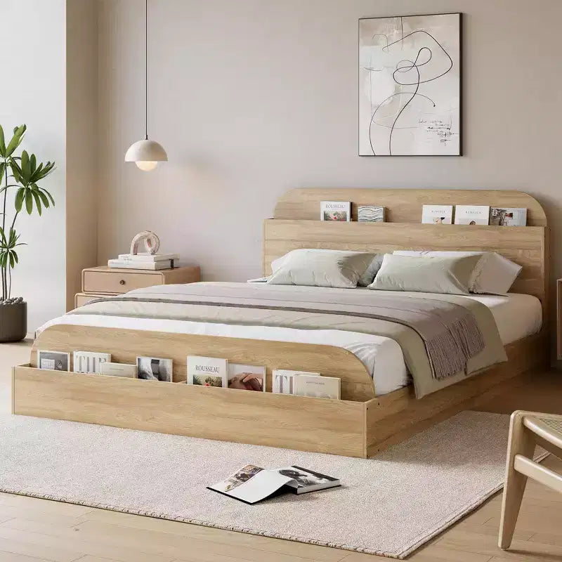 Cadre de lit en bois avec tête de lit de rangement - lit plateforme bas pour enfant avec pied de lit surélevé, lattes en bois robustes (sans sommier nécessaire)