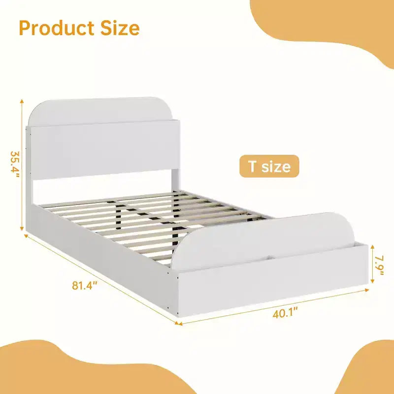 Cadre de lit en bois avec tête de lit de rangement - lit plateforme bas pour enfant avec pied de lit surélevé, lattes en bois robustes (sans sommier nécessaire)
