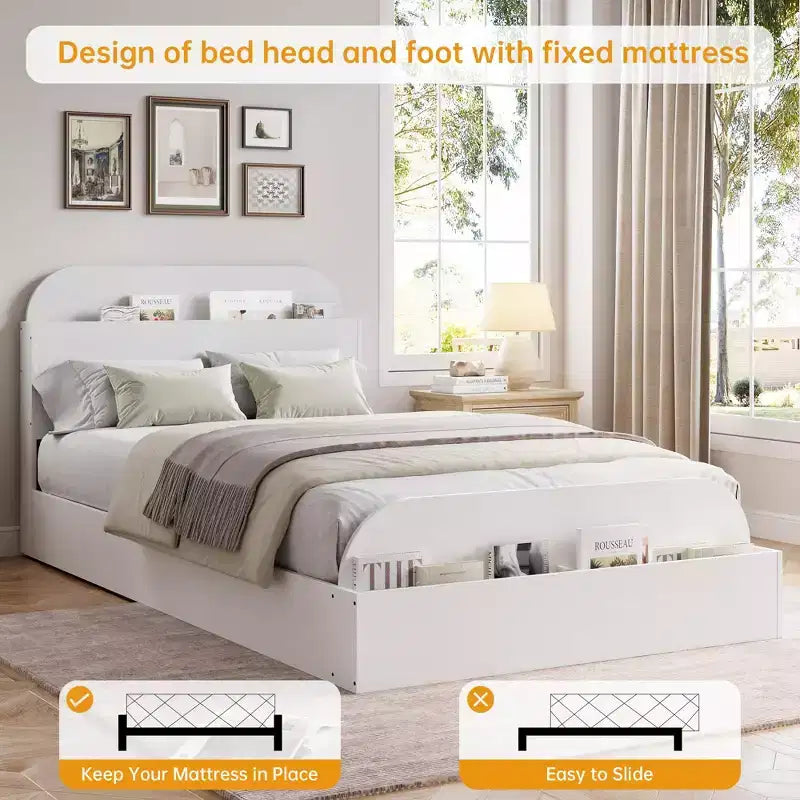 Cadre de lit en bois avec tête de lit de rangement - lit plateforme bas pour enfant avec pied de lit surélevé, lattes en bois robustes (sans sommier nécessaire)