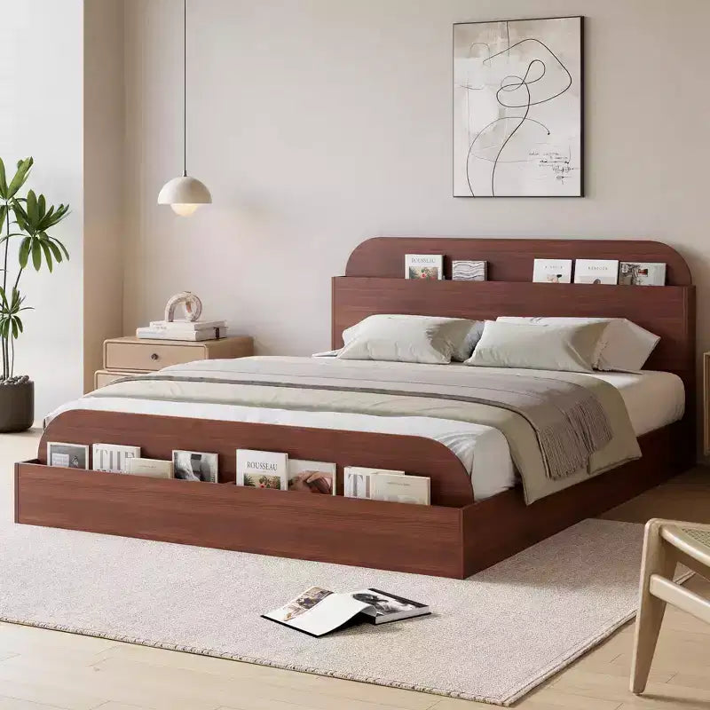Cadre de lit en bois avec tête de lit de rangement - lit plateforme bas pour enfant avec pied de lit surélevé, lattes en bois robustes (sans sommier nécessaire)