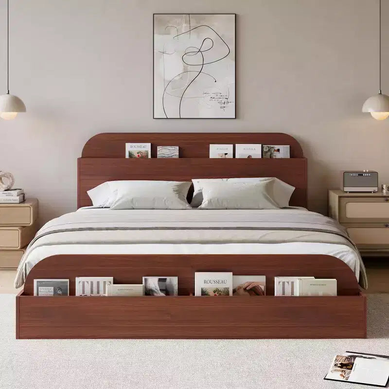 Cadre de lit en bois avec tête de lit de rangement - lit plateforme bas pour enfant avec pied de lit surélevé, lattes en bois robustes (sans sommier nécessaire)