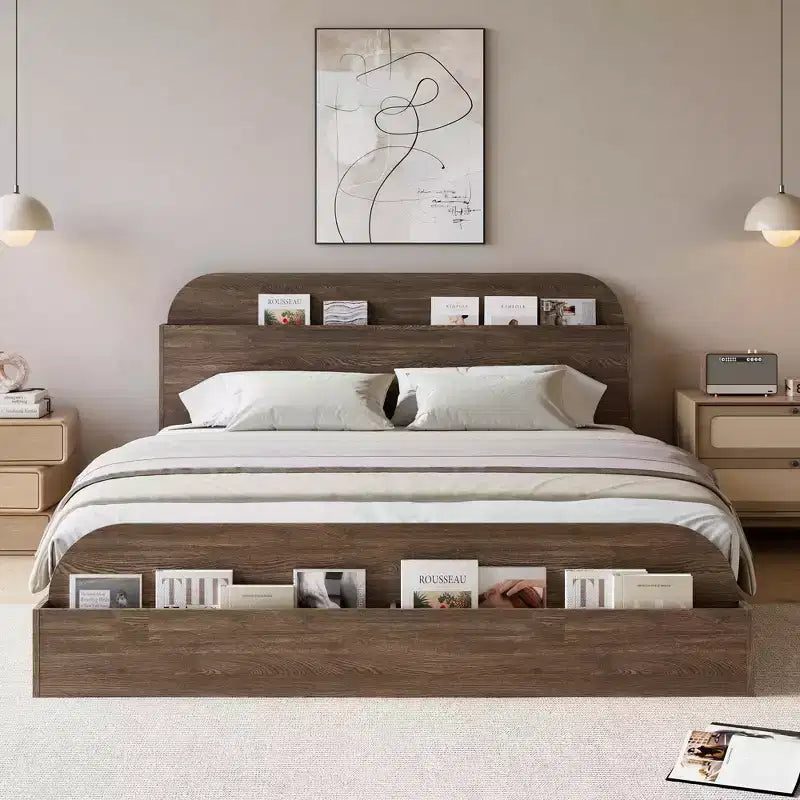 Cadre de lit en bois avec tête de lit de rangement - lit plateforme bas pour enfant avec pied de lit surélevé, lattes en bois robustes (sans sommier nécessaire)