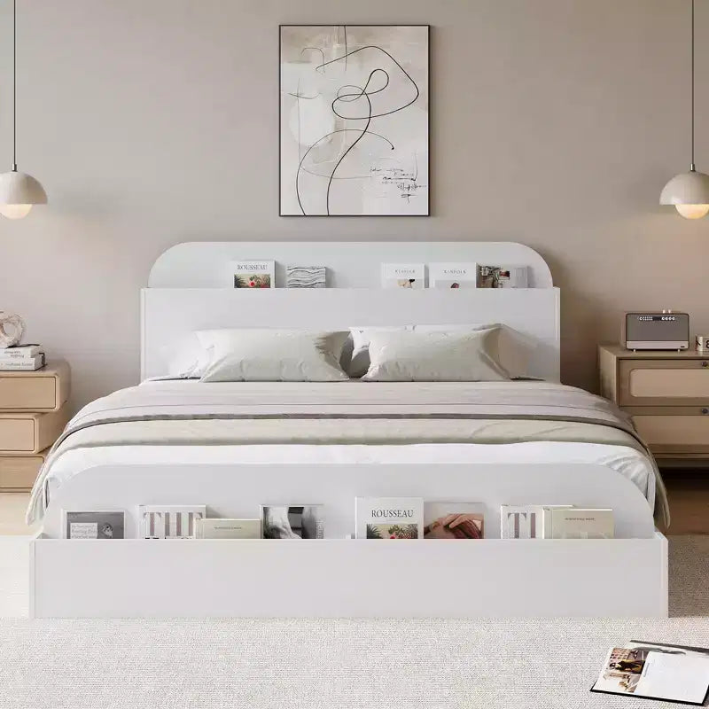 Cadre de lit en bois avec tête de lit de rangement - lit plateforme bas pour enfant avec pied de lit surélevé, lattes en bois robustes (sans sommier nécessaire)