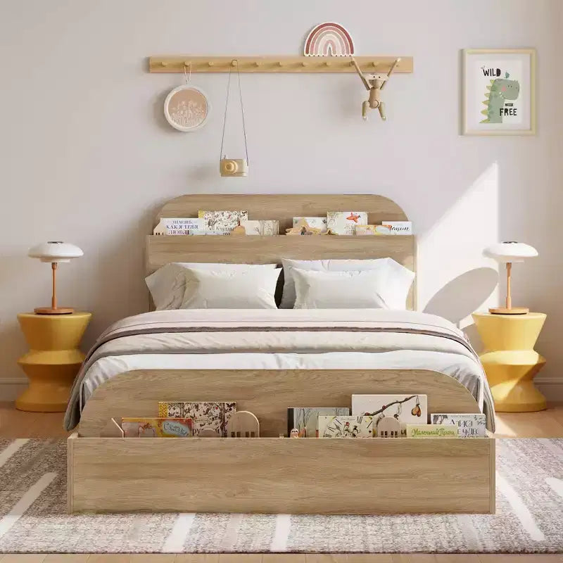 Cadre de lit en bois avec tête de lit de rangement - lit plateforme bas pour enfant avec pied de lit surélevé, lattes en bois robustes (sans sommier nécessaire)