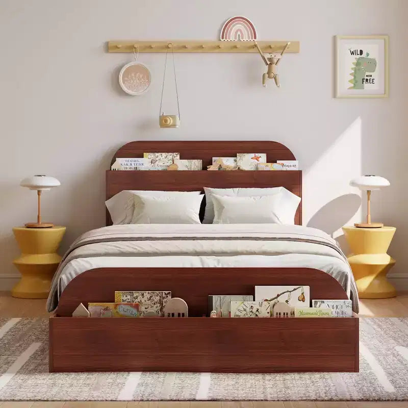 Cadre de lit en bois avec tête de lit de rangement - lit plateforme bas pour enfant avec pied de lit surélevé, lattes en bois robustes (sans sommier nécessaire)