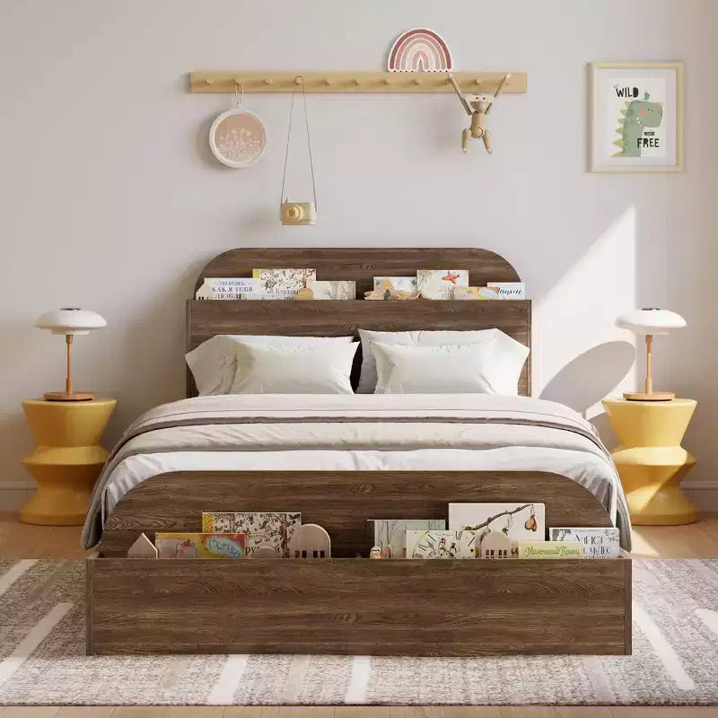 Cadre de lit en bois avec tête de lit de rangement - lit plateforme bas pour enfant avec pied de lit surélevé, lattes en bois robustes (sans sommier nécessaire)