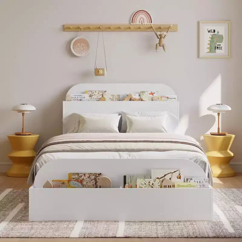 Cadre de lit en bois avec tête de lit de rangement - lit plateforme bas pour enfant avec pied de lit surélevé, lattes en bois robustes (sans sommier nécessaire)