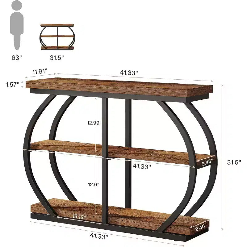 Console industrielle de 41.3 avec 3 niveaux, structure métallique arquée et étagères de rangement, marron mélangé, adaptée au salon et au couloir.