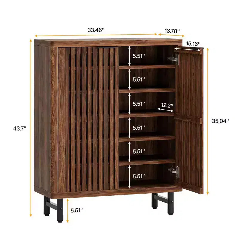 Meuble à chaussures en bois à 6 niveaux avec portes à persiennes et étagères réglables