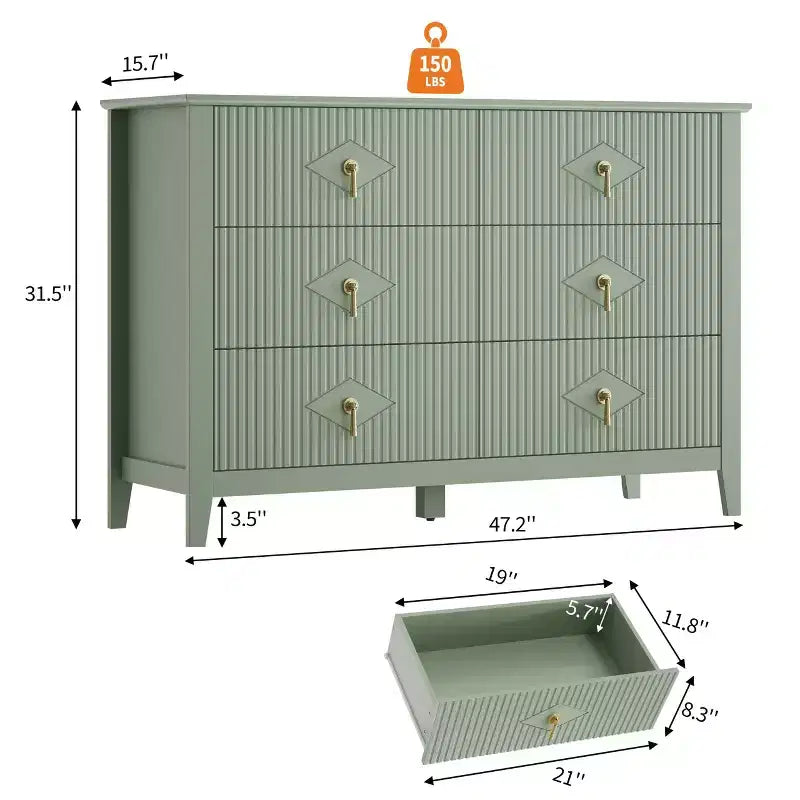 Commode moderne de 48 de large à 6 tiroirs avec poignées en métal, rangement pour chambre, vert