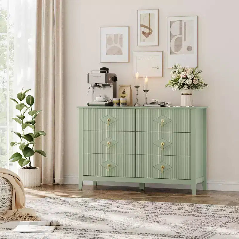 Cómoda moderna de 48 de ancho con 6 cajones y tiradores metálicos para almacenamiento en el dormitorio, verde