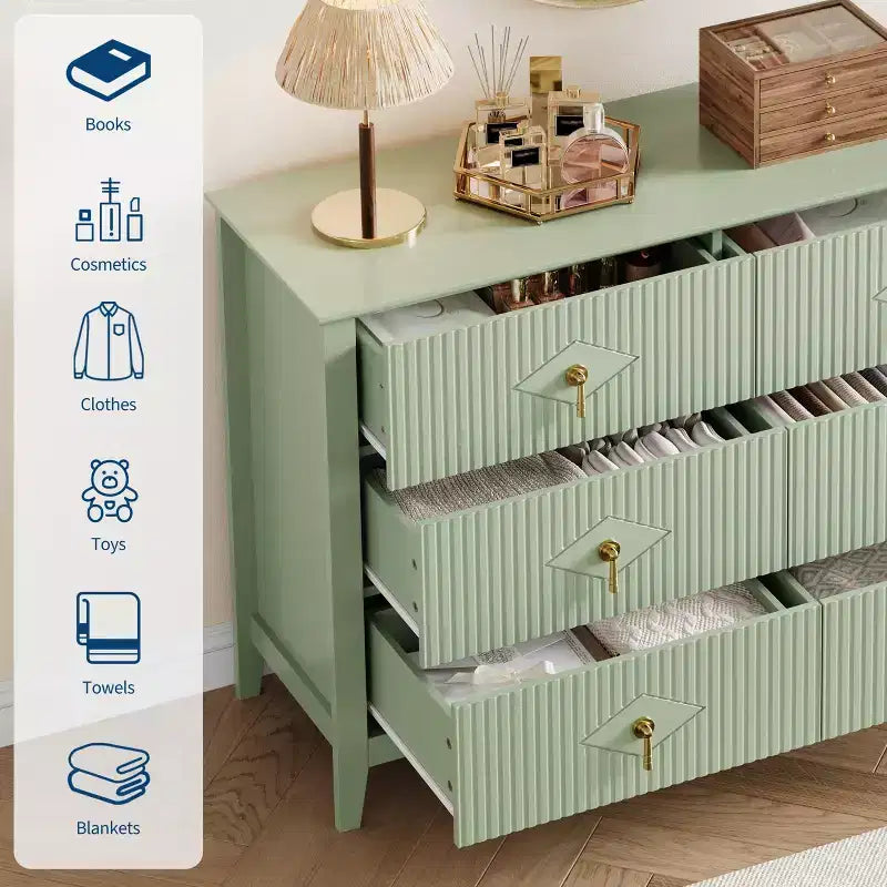 Commode moderne de 48 de large à 6 tiroirs avec poignées en métal, rangement pour chambre, vert