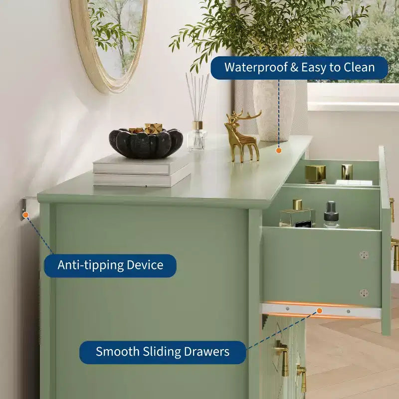 Cómoda moderna de 48 de ancho con 6 cajones y tiradores metálicos para almacenamiento en el dormitorio, verde