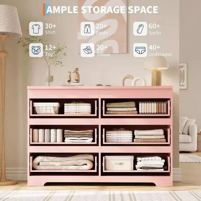 Commode à 6 tiroirs, modèle simple et moderne pour chambre, rose