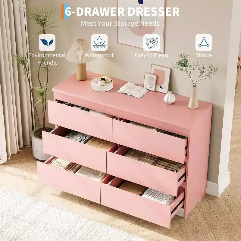 Commode à 6 tiroirs, modèle simple et moderne pour chambre, rose
