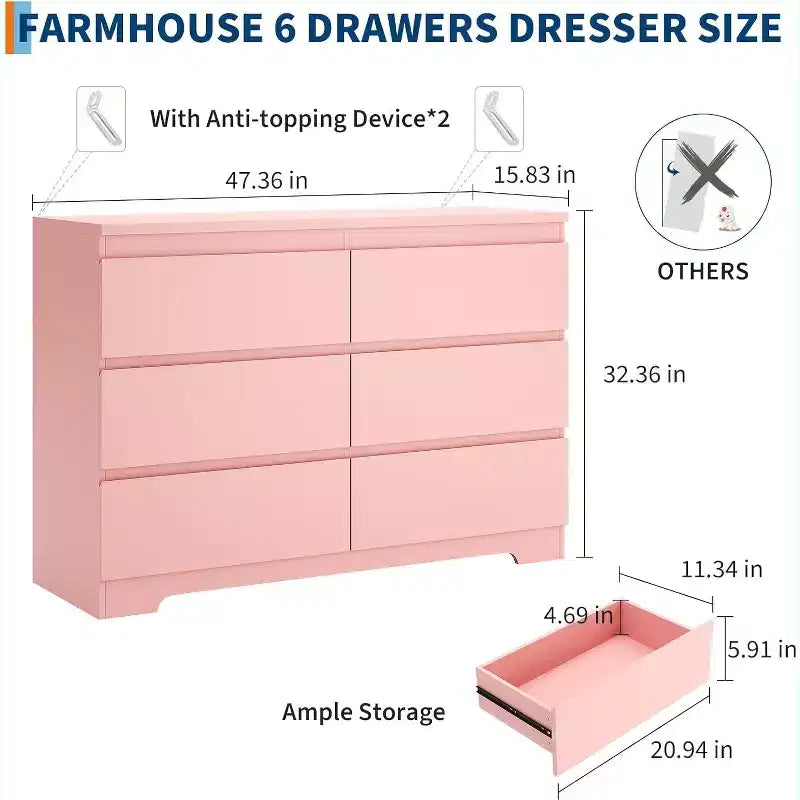 Commode à 6 tiroirs, modèle simple et moderne pour chambre, rose