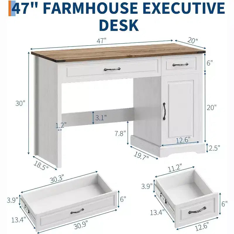 Bureau de direction rustique de 47 avec tiroirs de rangement et rehausseur - bureau d’ordinateur blanc rustique pour bureau à domicile