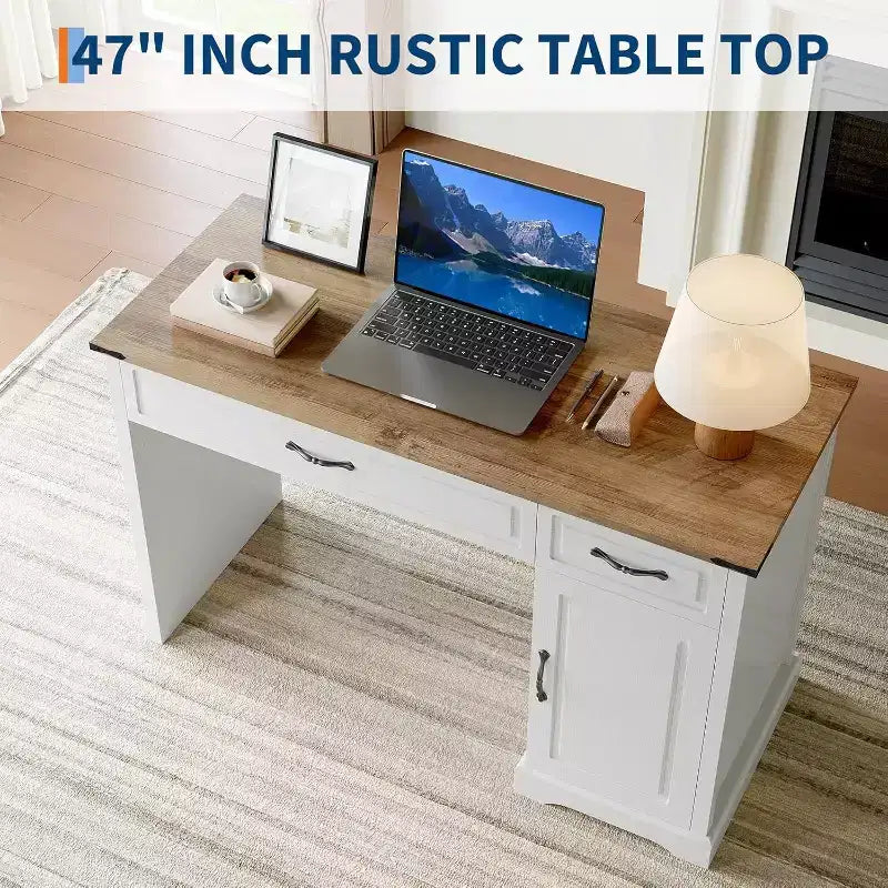 Bureau de direction rustique de 47 avec tiroirs de rangement et rehausseur - bureau d’ordinateur blanc rustique pour bureau à domicile