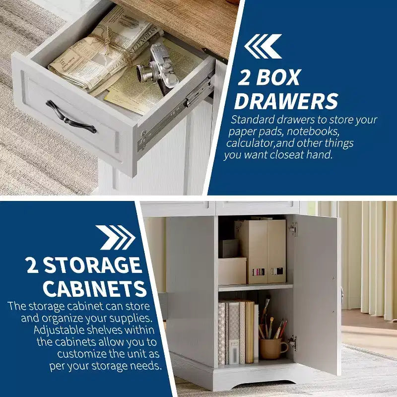 Bureau de direction rustique de 47 avec tiroirs de rangement et rehausseur - bureau d’ordinateur blanc rustique pour bureau à domicile